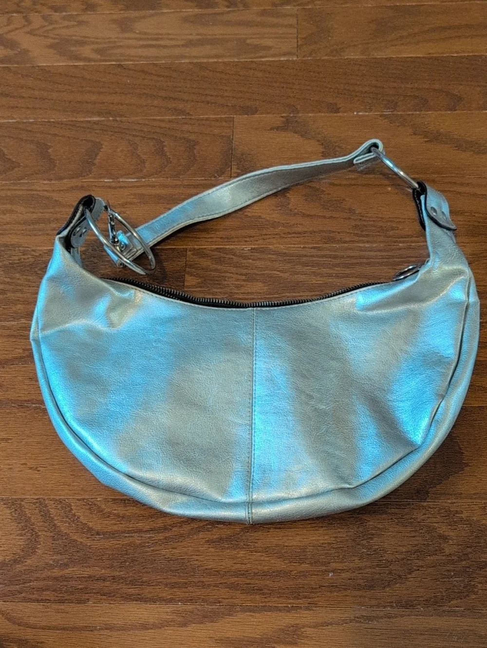 Metallic Silver Crescent Shoulder Bag